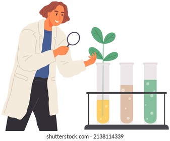 Scientist makes laboratory analysis with equipment. Idea of education chemistry science. Biologist conducting scientific experiment, chemical research with plant. Researcher works with liquid in flask