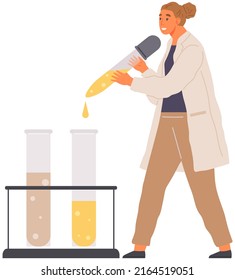 Der Wissenschaftler erstellt Laboranalysen mit Geräten. Chemist, der wissenschaftliche Experimente durchführt, chemische Forschung mit Flüssigkeit in Kolben, Nebenstudien biologische Probe, Bildung, Chemie, Wissenschaft