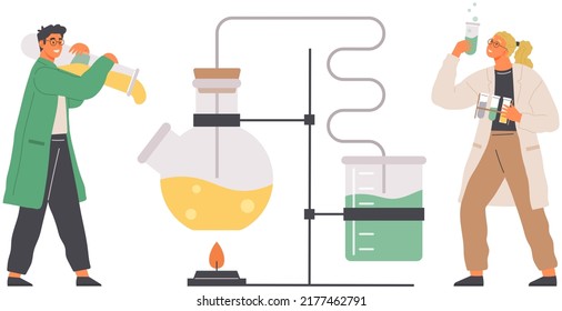 Scientist makes laboratory analysis with equipment. Chemist conducting scientific experiment, chemical research with liquid in flask, assistant studies biological sample, education, chemistry, science