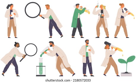Scientist makes laboratory analysis with equipment. Idea of chemistry, science. Laboratory assistant conducts scientific experiment, chemical research works with flask, plants and DNA molecules