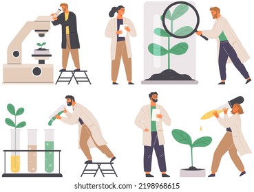 Scientist Makes Laboratory Analysis With Equipment. Idea Of Chemistry, Science. Laboratory Assistant Conducts Scientific Experiment, Chemical Research Works With Flask, Plants And DNA Molecules