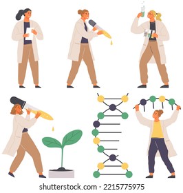 Scientist makes laboratory analysis with equipment. Idea of chemistry, science. Laboratory assistant conducts scientific experiment, chemical research works with flask, plants and DNA molecules
