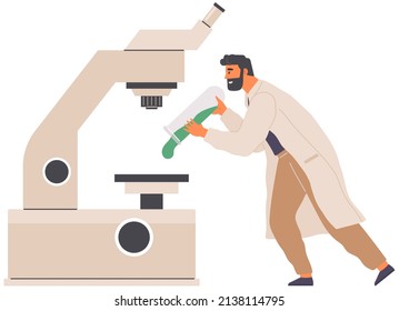 Scientist makes laboratory analysis of life system and organisms. Idea of education, botany, microbiology. Biologist studies plant cell with microscope. Biological research with lab equipment