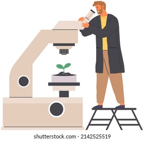 Scientist makes laboratory analysis of life system and organisms. Idea of education, botany, microbiology. Biologist studies plant cell with microscope. Biological research with lab equipment