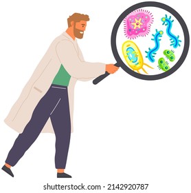 El científico hace análisis de laboratorio de sistemas de vida y organismos. Idea de educación, microbiología, ciencia. El biólogo estudia los microorganismos bajo ampliación. Investigación biológica con unicelular