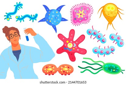 Scientist makes laboratory analysis of life system and organisms. Idea of education, microbiology, biology. Biologist studies cells and microorganisms. Biological research with protozoan unicellular