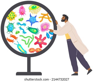 Scientist makes laboratory analysis of life system and organisms. Idea of education, microbiology, science. Biologist studies microorganisms under magnification. Biological research with unicellular