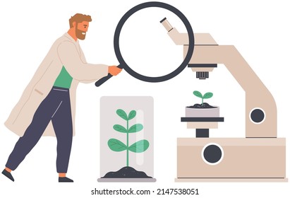 Scientist makes laboratory analysis of life system and organisms. Idea of education, botany, microbiology. Biologist studies plant cell with microscope. Biological research with lab equipment