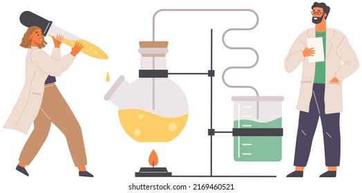 Scientist makes laboratory analysis with reagents and equipment. Idea of education, chemistry, science concept. Biologists conducting experiment chemical research with liquid in flask and pipette