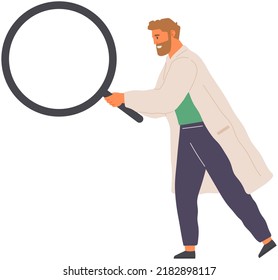 Scientist makes new decision in science. Researcher with loupe analyses test material. Idea of education, scientific developent. Man in lab coat conducting experiment with magnifier, chemical research