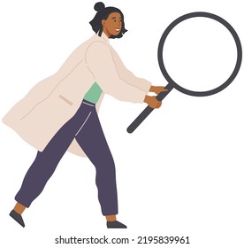 Scientist makes new decision science. Researcher with loupe analyses test material. Idea of education, scientific developent. Woman in lab coat conducting experiment with magnifier, chemical