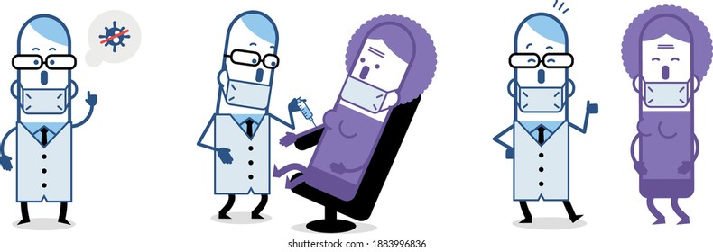 Scientist makes vaccination on an old person for a virus treatment in flat simple style