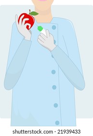 scientist making a genetically modified - holding a syringe and a apple