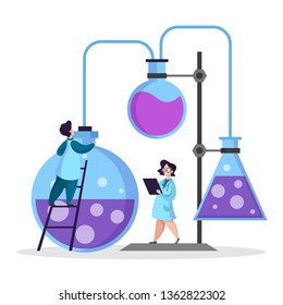 Scientist making medical research. Laboratory equipment. Medicine and chemistry experiment. Chemical analysis. Isolated vector illustration in cartoon style