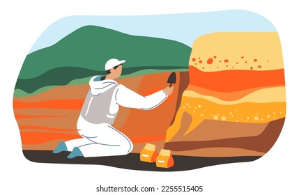Scientist making research in field of environmental pollution, examining soil on chemical substances and elements left by human activity. Ecological awareness and nature help. Vector in flat style