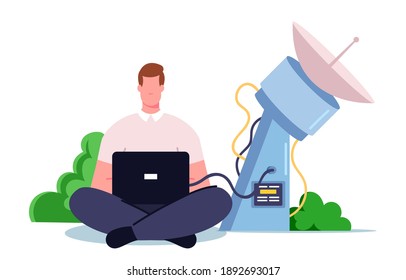 Scientist Male Character With Laptop In Hands Sitting At Satellite Antenna Monitoring Data Of Volcano Eruption. Volcanologist Learning Geological Information, Study Nature. Cartoon Vector Illustration