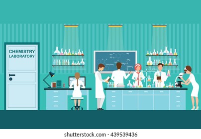 Scientist male and female making research and experiments at science lab interior , working in laboratory room, vector illustration.