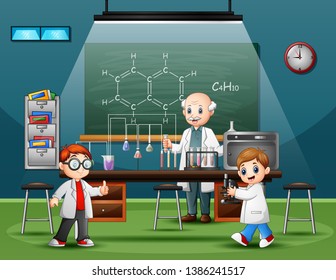 Scientist male in the laboratory room with childrens