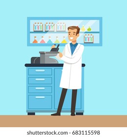 Scientist male looking through microscope, investigating objects, interior of science laboratory, vector Illustration