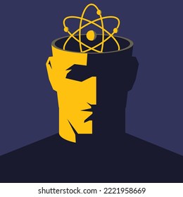 Scientist. Male open head with atom symbol inside. Clipping mask used.