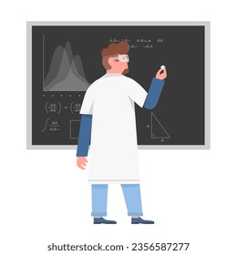 Scientist man at blackboard. Researcher writing analysis results vector illustration