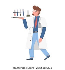 Scientist man with chemistry flasks. Researcher with tests tubes vector illustration