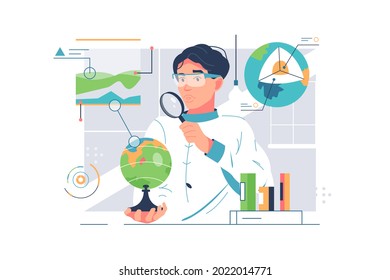 Científico haciendo investigación geológica. Características de estudio de vectores, habitantes del diseño de la tierra de estilo plano. Concepto de desastres naturales predictivos