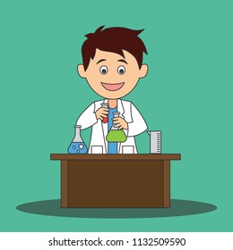 scientist man doing research and analysis in a laboratory. cartoon character. vector illustration


