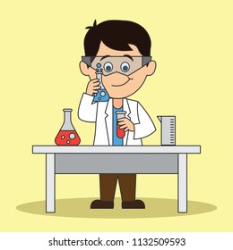 scientist man doing research and analysis in a laboratory. cartoon character. vector illustration

