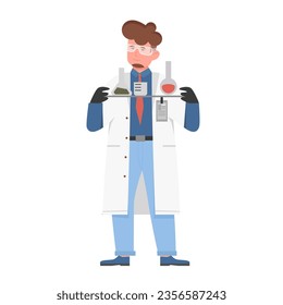 Scientist man doing research analysis. Science researcher in laboratory vector illustration