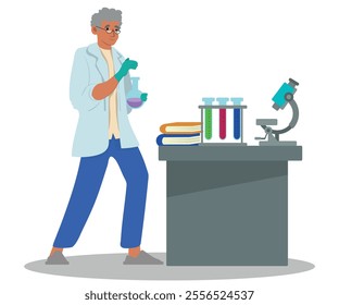 scientist, man doing a scientific experiment, man wearing coat and doing research. vector illustration.