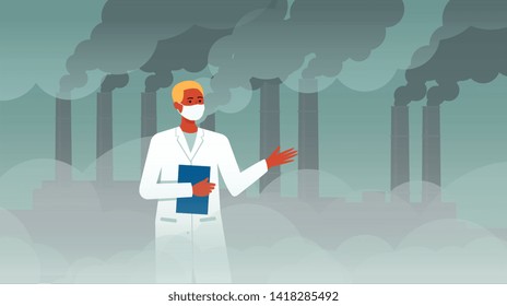 Scientist man in front of chemical plat with pipe smoke discussing ecology and air pollution, cartoon character in lab coat on dystopian factory fog background, flat vector illustration