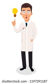 Scientist man. Handsome cartoon character having a good idea. Vector illustration on white background.