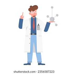 Scientist man holding atom model.