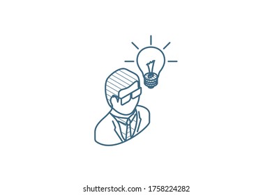 Scientist man idea isometric icon. 3d vector illustration. Isolated line art technical drawing. Editable stroke