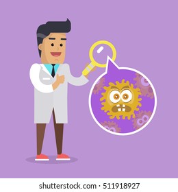 Scientist man investigate bacterium with help of magnifying glass. Bacteriologist in white gown inspects viruses. Bacteria in bubble vector illustration. Flat cartoon style. Angry bacteria monster