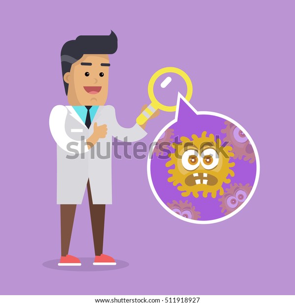 Scientist man investigate bacterium with help of\
magnifying glass. Bacteriologist in white gown inspects viruses.\
Bacteria in bubble vector illustration. Flat cartoon style. Angry\
bacteria monster