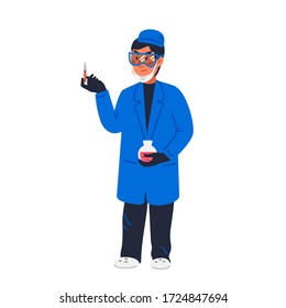 scientist - Man scientist in lab coat checking red substance in dropper. Vaccine development. Scientific research, fight against covid-19. Flat style vector illustration on white background