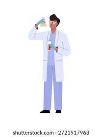 Hombre científico en la bata de laboratorio que sostiene el tubo de ensayo con el líquido que conduce la investigación médica o química o la Ilustración vectorial del análisis aislada