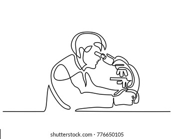 Scientist man looking through microscope in laboratory  Continuous line drawing  Vector illustration white background