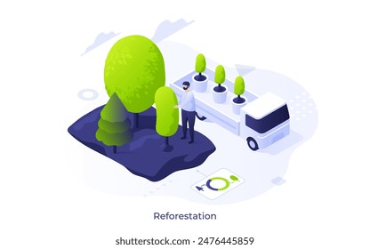 Scientist or man planting young trees seedlings according to plan. Reforestation concept isometric vector illustration. Male eco activist renovating cut wood cartoon character colour composition