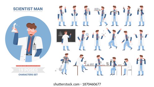 Scientist man poses vector illustration set. Cartoon male character working in scientific research laboratory, holding lab flask tube, model of atom, science work posture collection isolated on white