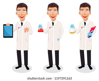 Scientist man, set of three poses. Handsome cartoon character holding tablet, holding flask and holding flask and documents. Vector illustration on white background.