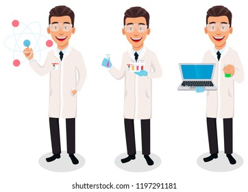 Hombre científico, conjunto de tres poses. Bonito personaje de caricatura que muestra el modelo de átomo, sostiene tubos de ensayo y sostiene laptop.Ilustración vectorial sobre fondo blanco.