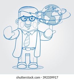 Scientist man showing a globe. Outline drawing in cartoon style.