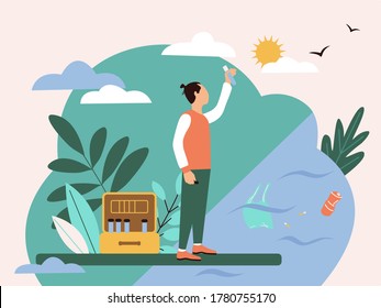 A scientist man stands with a test tube in his hands at a polluted reservoir next to him a suitcase with test tubes. Flat style illustration on the theme of pollution of water, oceans, seas and rivers