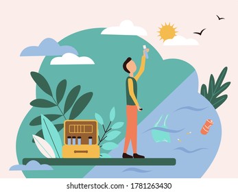 A scientist man stands with a test tube in his hands at a polluted reservoir.  Next to him is a suitcase with test tubes. Flat pollution of water, oceans, seas and rivers theme illustration.