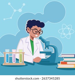 scientist man use microscopes vector illustration template graphic design . science at modern laboratory cartoon character concept with background in flat style