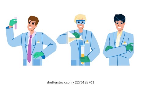 vector hombre científico. médico de laboratorio, ciencias médicas, laboratorio de medicina, investigador científico de química, personaje de hombre. ilustración de dibujos animados planos de personas