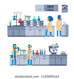 Scientist man and woman. Scientific equipment for chemical laboratory, flasks, beakers and burner science instruments. Chemistry, biotechnology and chemical research science. Pixel art isolated vector